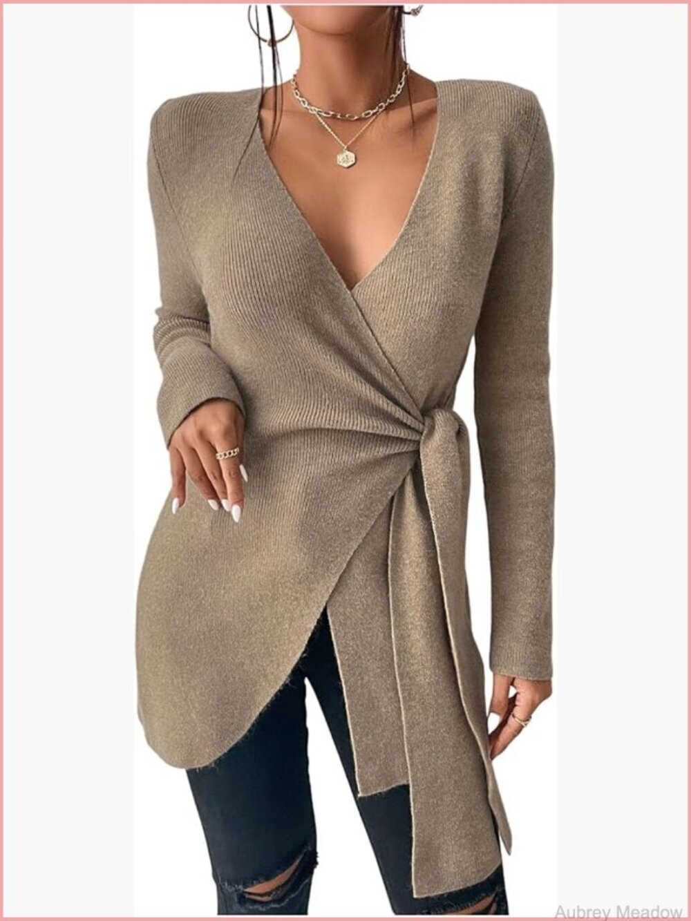 Womens V Neck Wrap Side Tie Sweater Long Sleeve Knit Pullover Top Fall